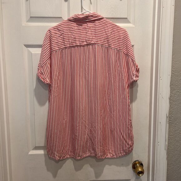Beachlunchlounge Large Lightweight Oversized Red Striped Button Down Shirt - Picture 5 of 6